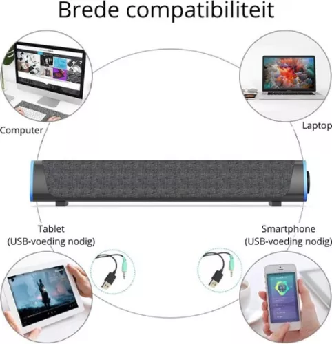 merkloos Mini Soundbar PC Speaker - Computer Speaker - RGB Lighting - Surround Sound - Gray (8721022414126)