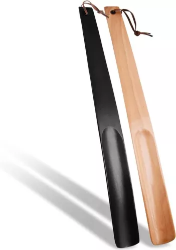 Long Wooden Shoe Horn - 2 Pieces - Black and Light Brown - 38 cm