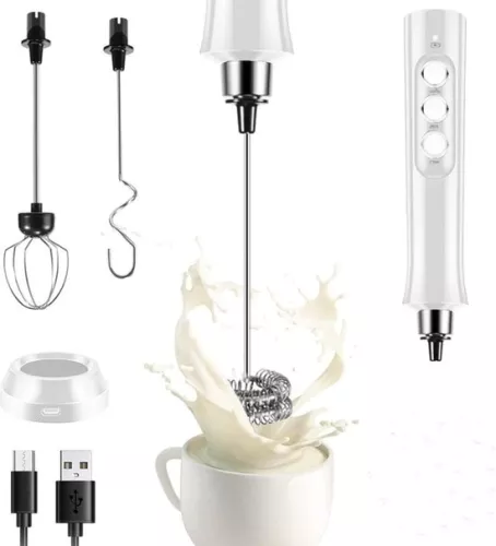 Milk frother wand - rechargeable, 3 whisks, charging station - for coffee