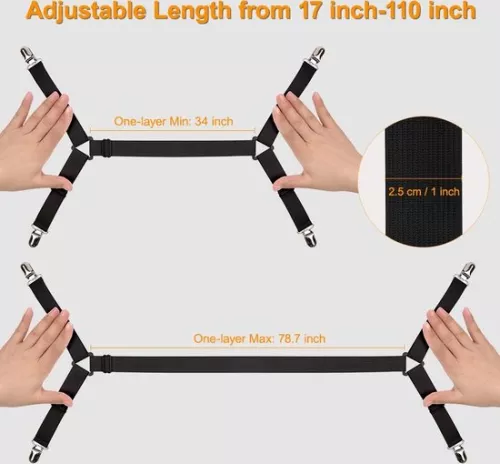 Bed Sheet Holders, 2 Pieces Adjustable Long Sheet Holder Straps Heavy Duty Bed Clamps, Grippers Suspenders for All Square Mattresses Fitted Sheets Flat Sheets, Black