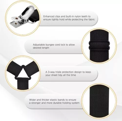unbranded Bed Sheet Holders, 2 Pieces Adjustable Long Sheet Holder Straps Heavy Duty Bed Clamps, Grippers Suspenders for All Square Mattresses Fitted Sheets Flat Sheets, Black (6097654211290)