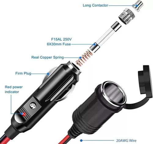 merkloos Cigarette Lighter Extension Cable - 3m Waterproof - 20 AWG - 15A Fuse - 12V/24V - DC Adapter for Boat Motorcycle (8785305910729)