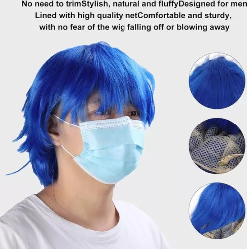 merkloos Short Fluffy Blue Anime Cosplay Party Costume Synthetic Hair Wig . (6151923685653)