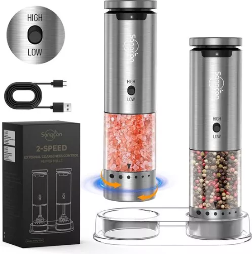 Sangcon Electric Salt and Pepper Mill Set - USB Rechargeable - Stainless Steel - Set of 2