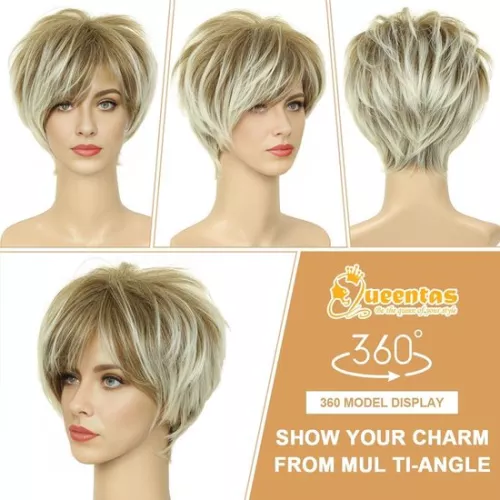 Mixed Blonde Short Layered Natural Hair with Bangs Synthetic Wig - Heat Resistant - Full Wigs for Women and Girls Women's Wigs