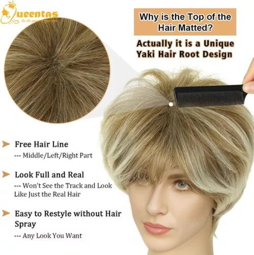 merkloos Mixed Blonde Short Layered Natural Hair with Bangs Synthetic Wig - Heat Resistant - Full Wigs for Women and Girls Women's Wigs (8785300745197)