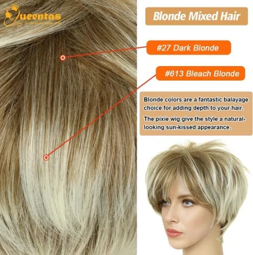 merkloos Mixed Blonde Short Layered Natural Hair with Bangs Synthetic Wig - Heat Resistant - Full Wigs for Women and Girls Women's Wigs (8785300745197)