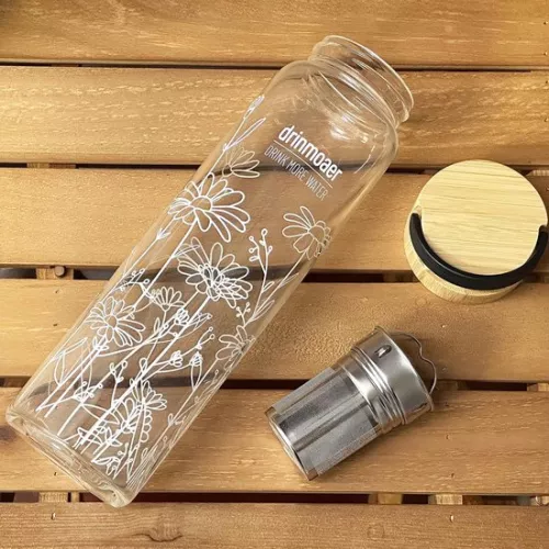 1 liter glass drinking bottle with bamboo lid and sleeve for loose tea, tea bottle with strainer to go, glass water bottle 1 l (flower)