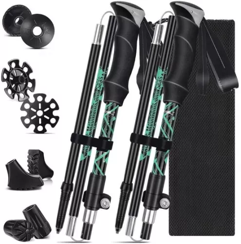 Nordic Walking Poles - Foldable Carbon Trekking Poles - Nordic Walking Caps - Hiking Poles - Adjustable & Foldable - Retractable - Telescopic - Hiking Accessories - Ergonomic & Lightweight - 130 cm - Black & Green