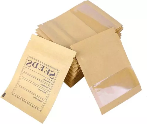 100 Pcs Small Brown Resealable Kraft Paper Seed Packets with Clear Window Coin Envelopes Bags Ziplock for Seed Flower Storage 7x9.5cm (2.7x3.7inch)