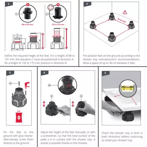 merkloos Set of 6 legs for shower tray - black - sturdy support (9504117656156)