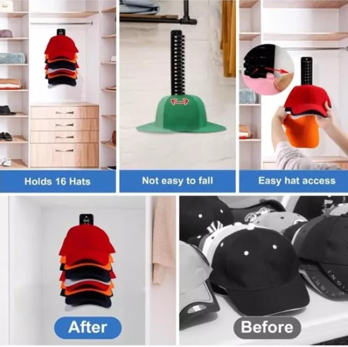 merkloos Wall-mounted hat holder - Self-adhesive hat holder for 16 hats - Black. . (8785308356043)