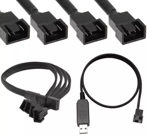 Connection cable fan PC 12 V step-up USB plug to 4-pin male with 3 x 3-pin connection and power supply 12 inch (55 cm)
