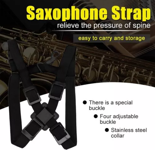 merkloos Adjustable Nylon Saxophone Chest Shoulder Strap Harness - Black, Replacement Saxophone Accessory (9507788762836)
