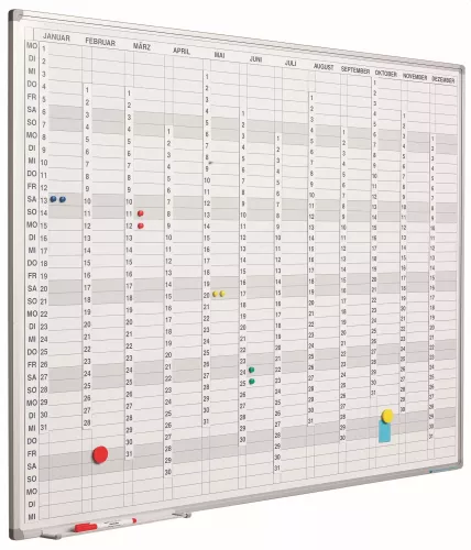 Whiteboard PRO Myers - German - Enamel steel - Weekly planner - Monthly planner - Yearly planner - Magnetic - White - incl. month/day/number strips - 60x90cm